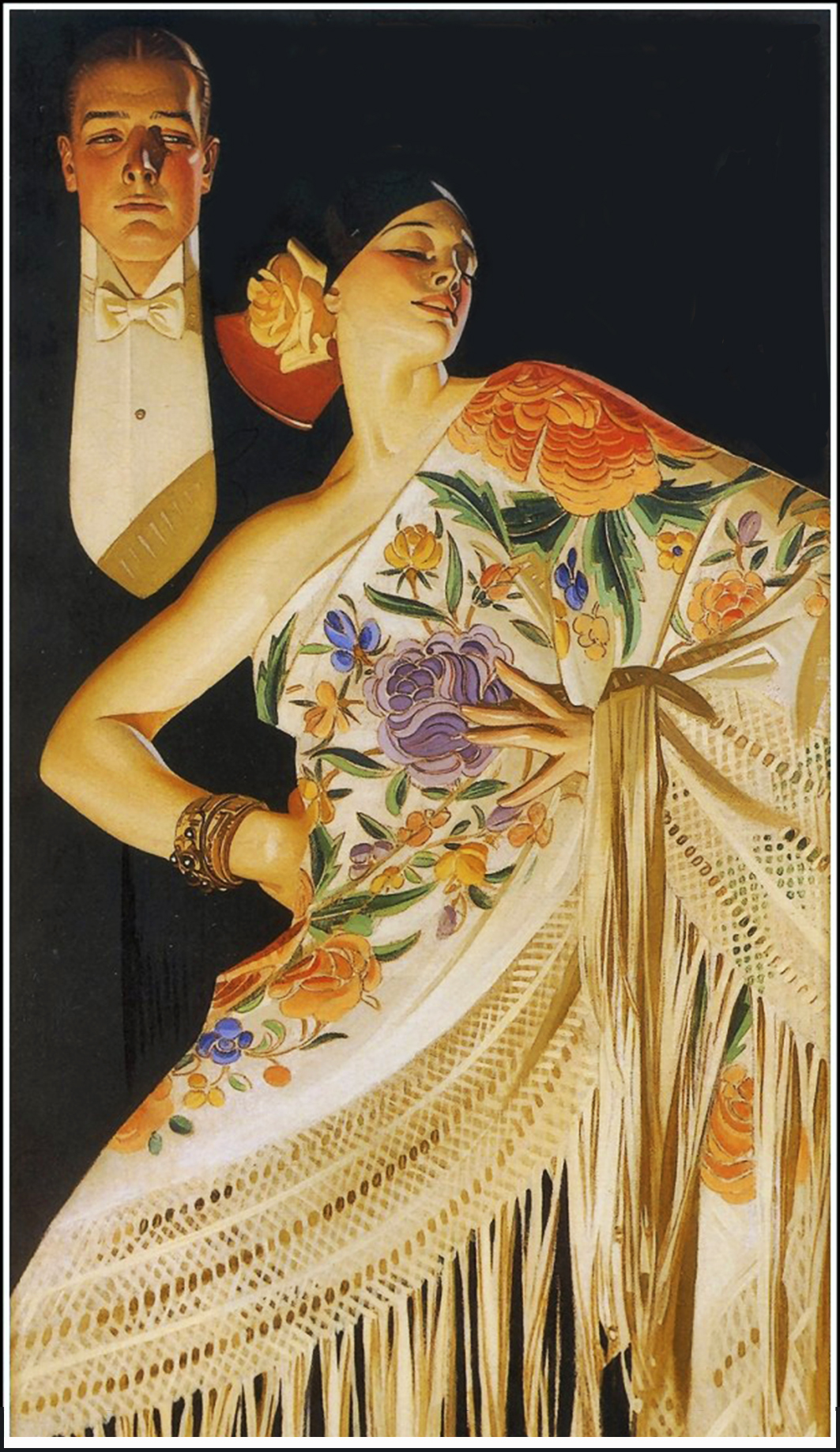 Art nouveau postcard with man woman shawl