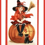 Halloween Greetings with Witch, Pumpkin, and Cat