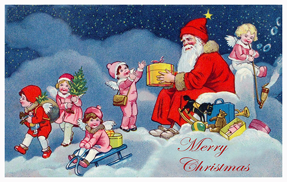 Vintage Christmas card angels Santa presents