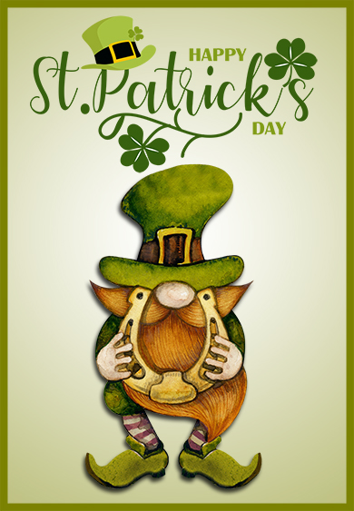 St. Patrick's Day greeting with gnome and horse shoe