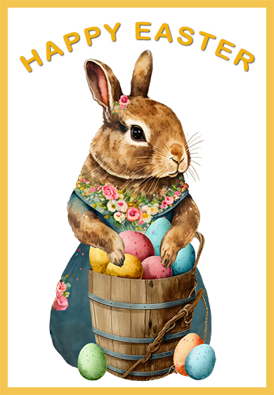 Easter card with Easter bunny girl with bucket of painted Easter eggs