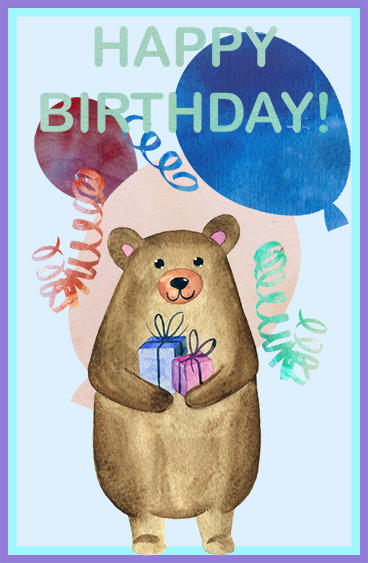 Birthday card with a cute bear, balloons and serpentine