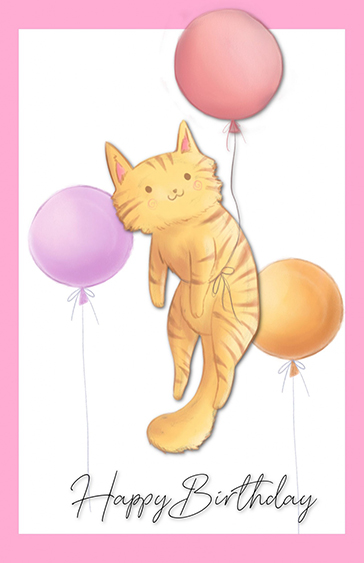 cute Happy Birthday card with cat and balloons