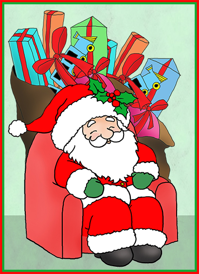 Christmas card with cute Santa and lots of presents
