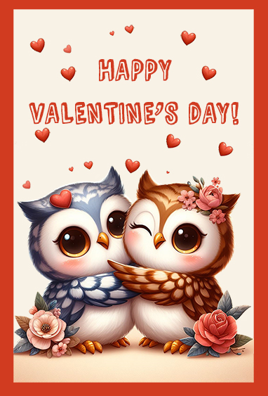 Valentine greeting card with two cartoon owls and hearts and flowers
