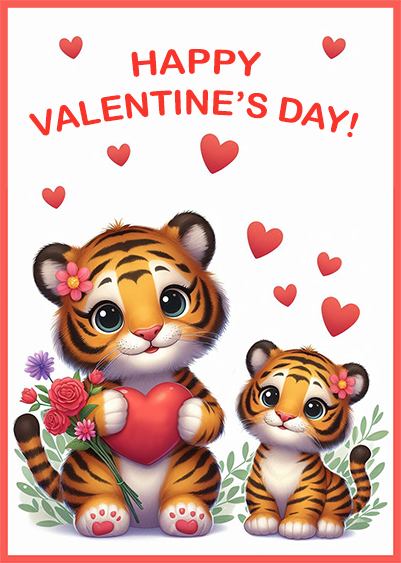 Cute Valentine's Day card with two tigers and lots of hearts